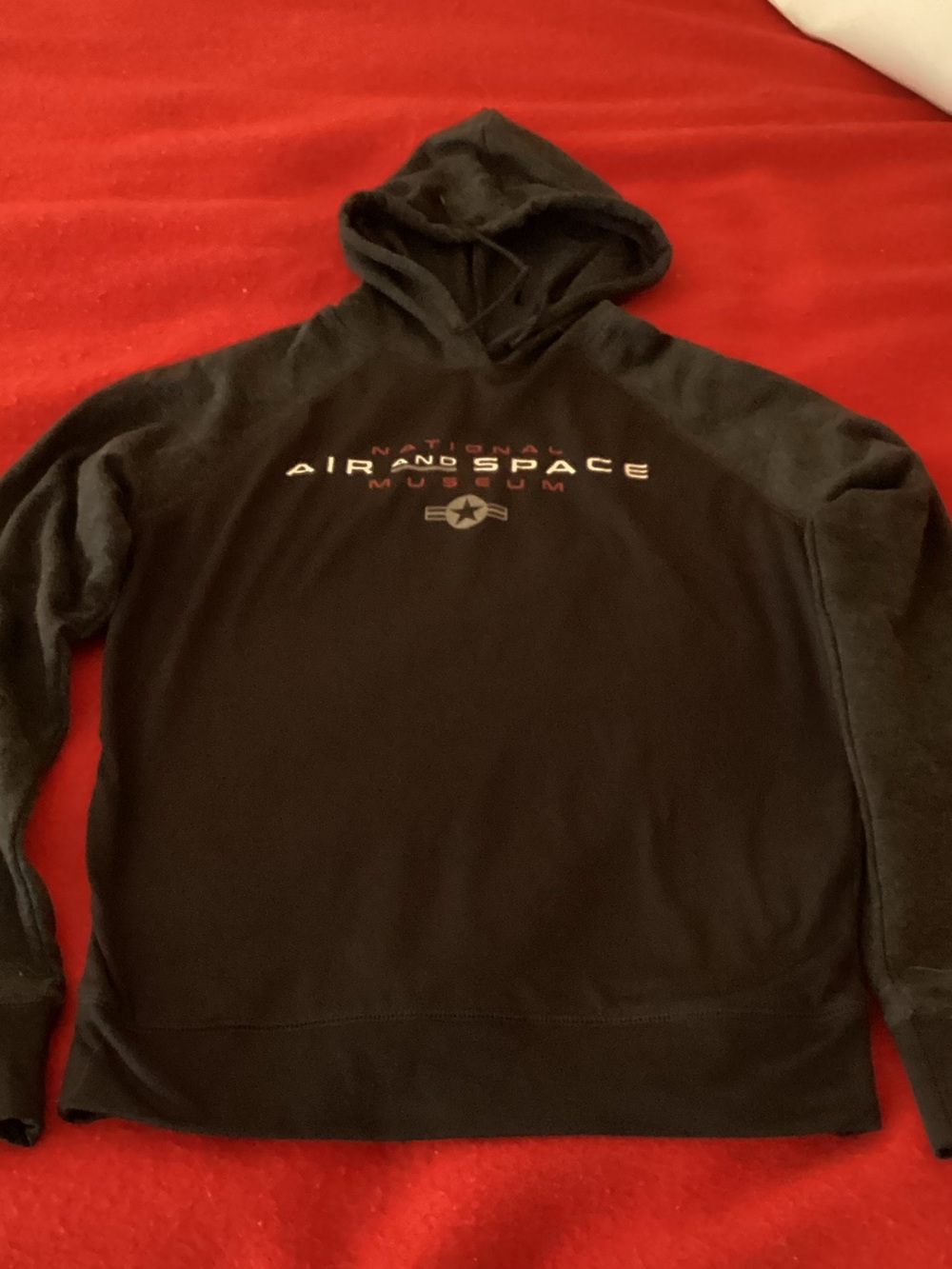 Black Hooded Pullover Sweatshirt with Air and Space Museum Graphic